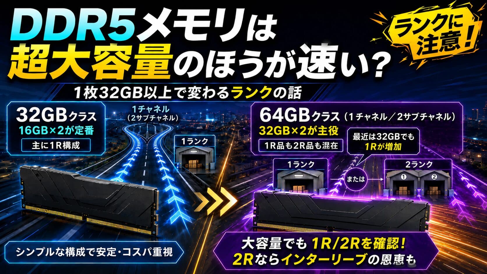 DDR5メモリは超大容量のほうが速い? 1枚32GB以上で変わるランクの話