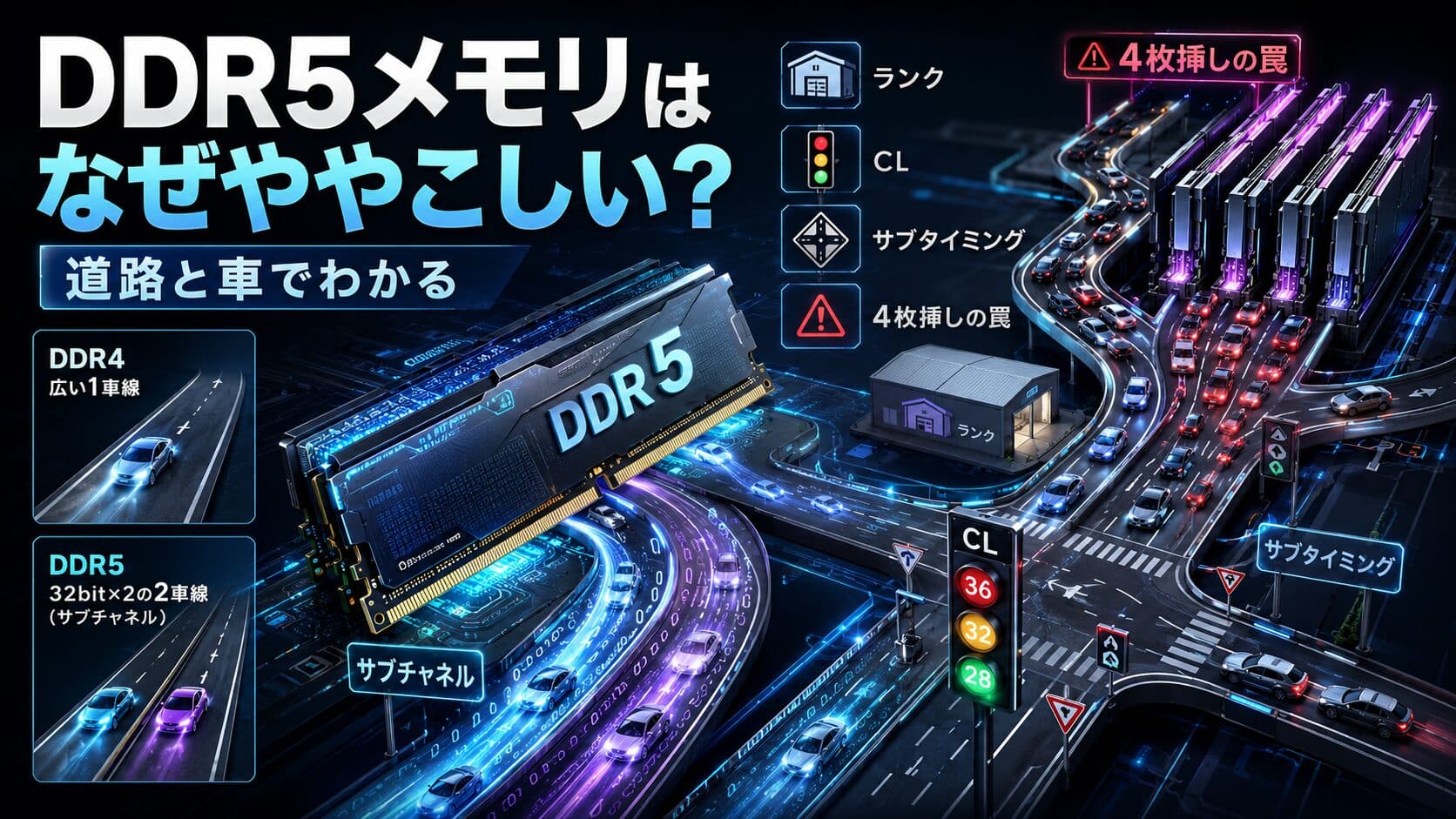 DDR5メモリはなぜややこしいのか?「道路と車」で全貌がわかる、サブチャネル・ランク・CL・4枚挿しの罠